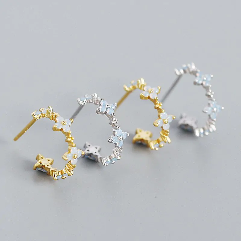 Girl CZ Four Leaf Clover Flower C Shape 925 Sterling Silver Hoop Earrings - Image 2