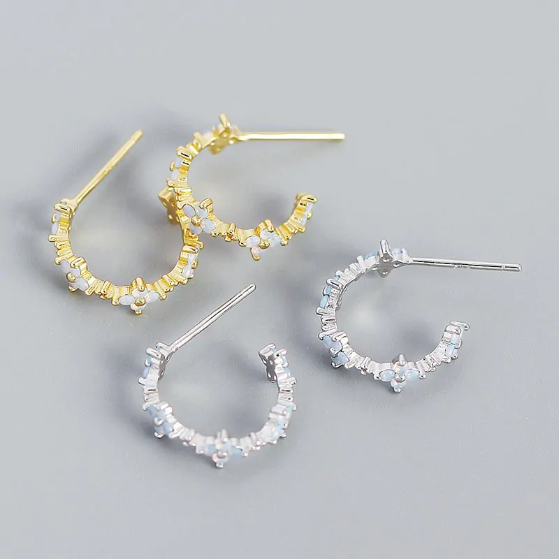 Girl CZ Four Leaf Clover Flower C Shape 925 Sterling Silver Hoop Earrings - Image 3