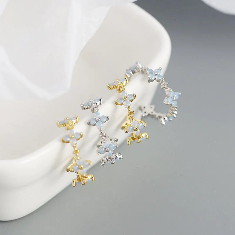 Girl CZ Four Leaf Clover Flower C Shape 925 Sterling Silver Hoop Earrings - Image 4