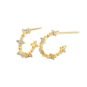 Girl CZ Four Leaf Clover Flower C Shape 925 Sterling Silver Hoop Earrings