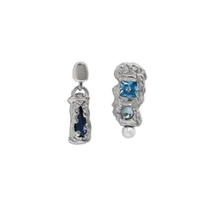 Asymmetric Blue CZ Irregular 925 Sterling Silver Stud Earrings