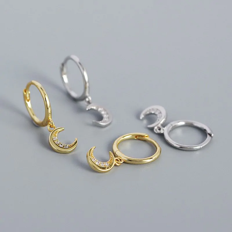 CZ Crescent Moon 925 Sterling Silver Hoop Earrings - Image 5
