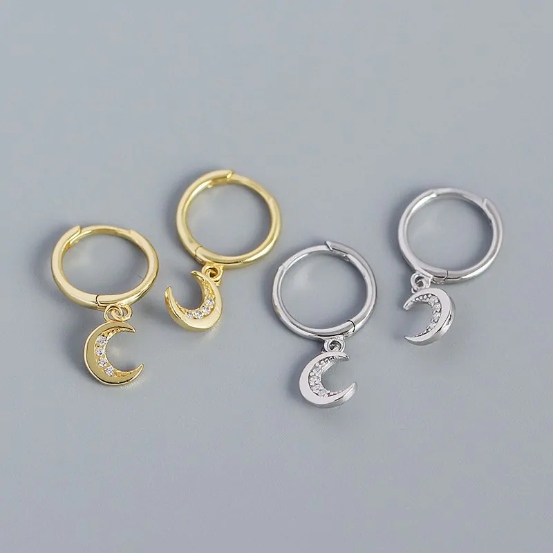 CZ Crescent Moon 925 Sterling Silver Hoop Earrings - Image 3