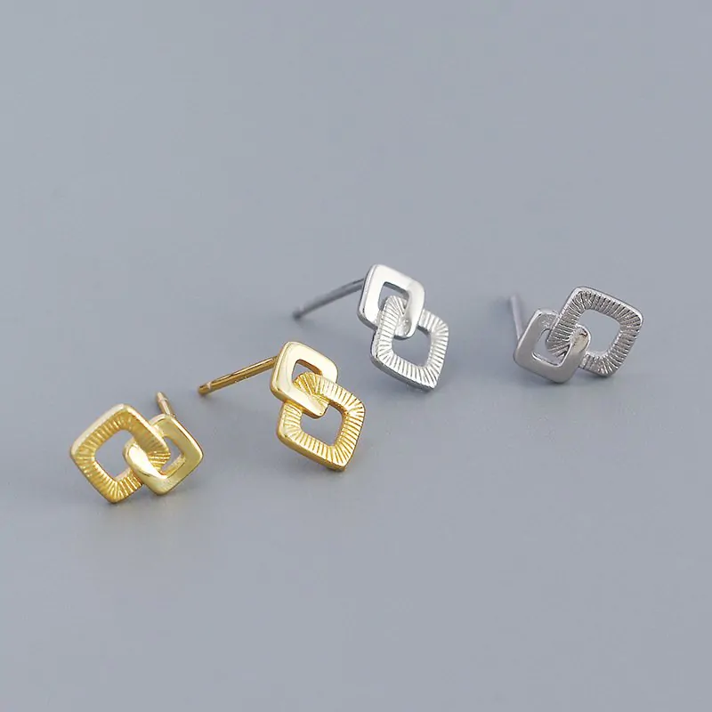 Geometric Double Hollow Square Cross 925 Sterling Silver Stud Earrings - Image 3