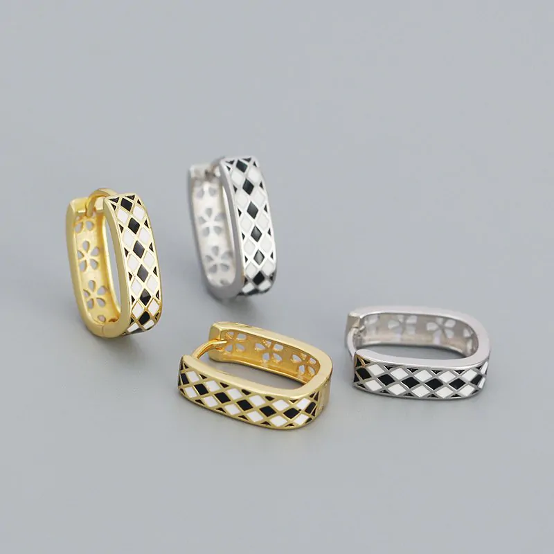 Geometric Black White Chess Board 925 Sterling Silver Huggie Hoop Earrings - Image 5