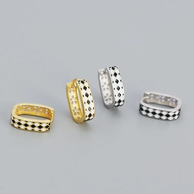 Geometric Black White Chess Board 925 Sterling Silver Huggie Hoop Earrings - Image 2