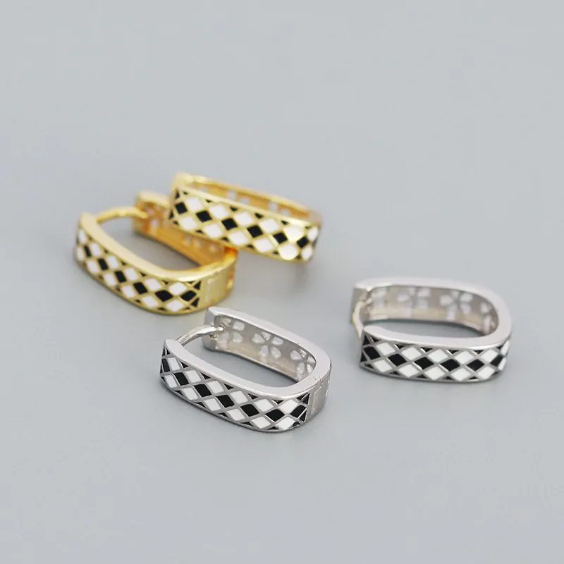 Geometric Black White Chess Board 925 Sterling Silver Huggie Hoop Earrings - Image 4