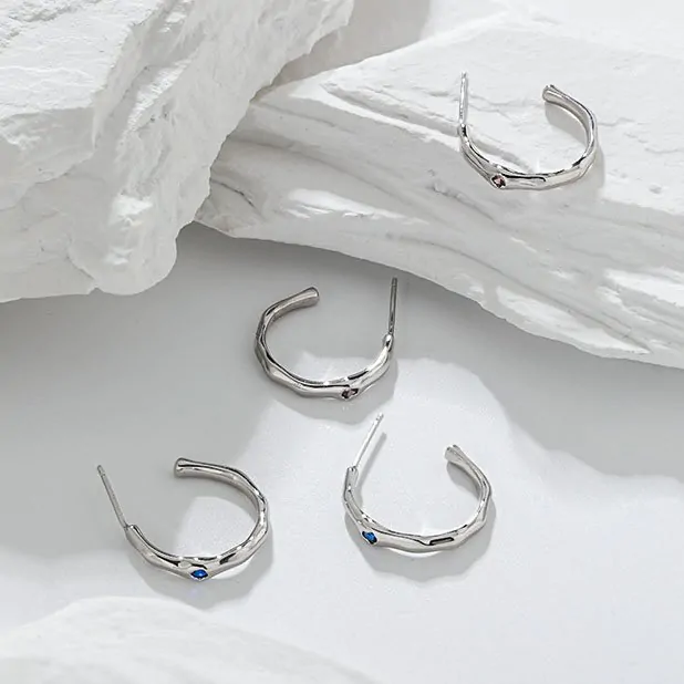 Geometric Irregular CZ Circle 925 Sterling Silver Hoop Earrings - Image 4