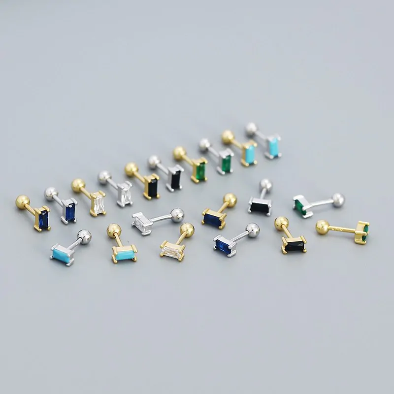 Geometric Mini CZ Rectangle Turquoise 925 Sterling Silver Stud Earrings - Image 5