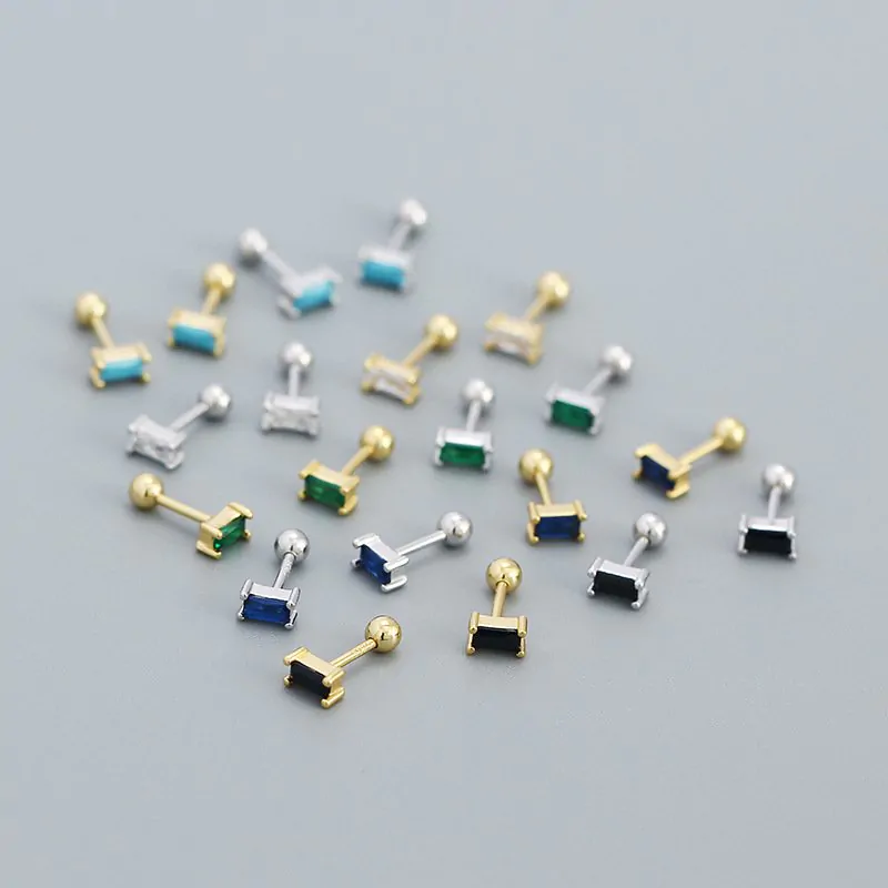 Geometric Mini CZ Rectangle Turquoise 925 Sterling Silver Stud Earrings - Image 2