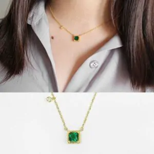 Green Square CZ 925 Sterling Silver Golden Necklace