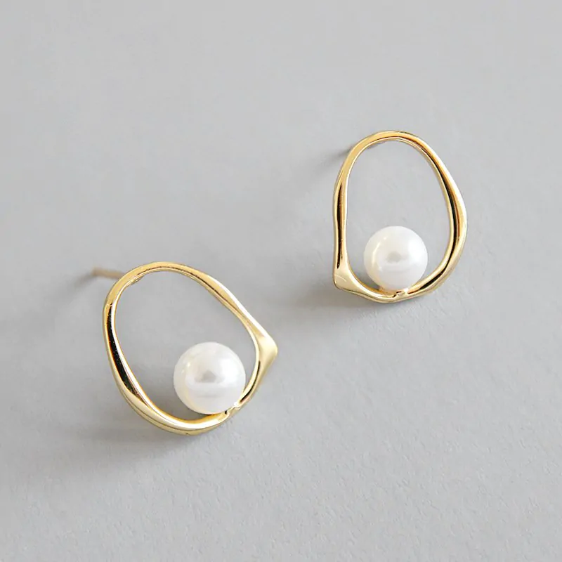 Geometric Round Shell Pearl 925 Sterling Silver Studs Earrings
