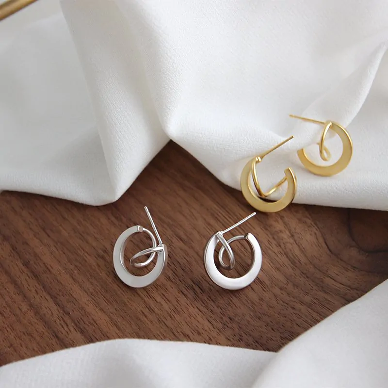 Geometric Matte Irregular Semicircle 925 Sterling Silver Stud Earrings - Image 2