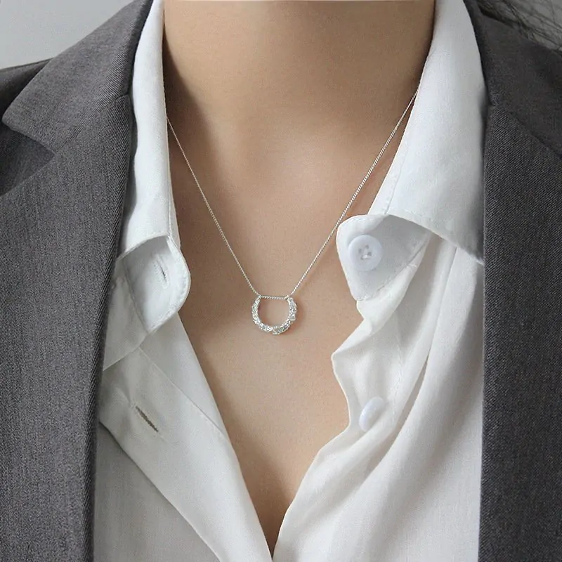 Classic Geometric Irregular Surface Semicircle 925 Sterling Silver Necklace - Image 3