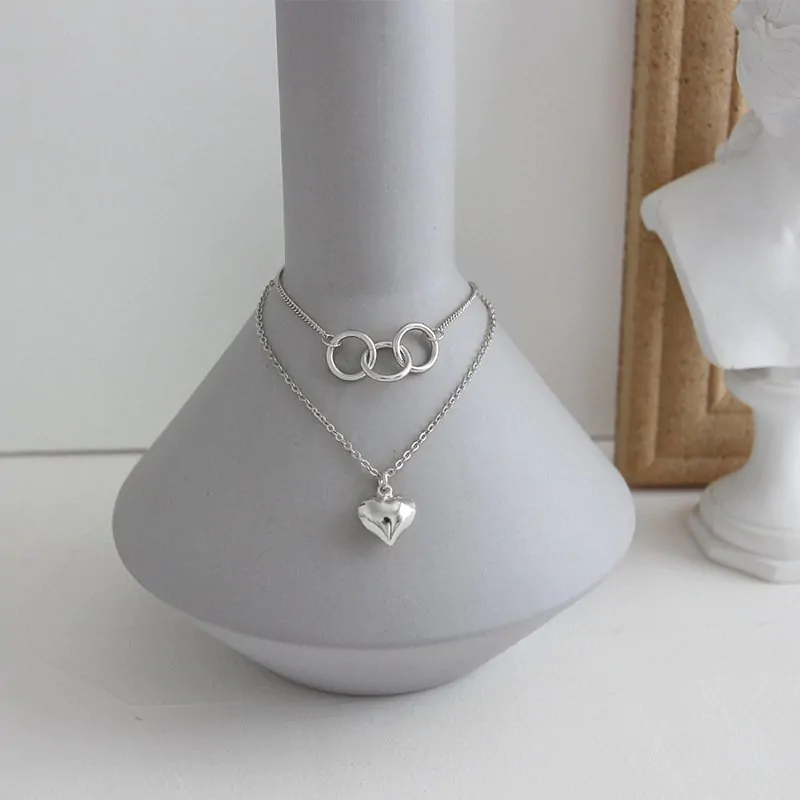 Double Circles Heart Love 925 Sterling Silver Necklace - Image 3