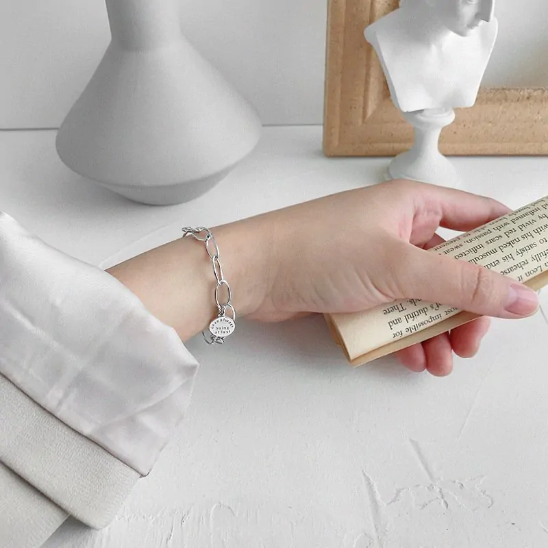 Letters Tag 925 Sterling Silver Hollow Chain Bracelet - Image 4