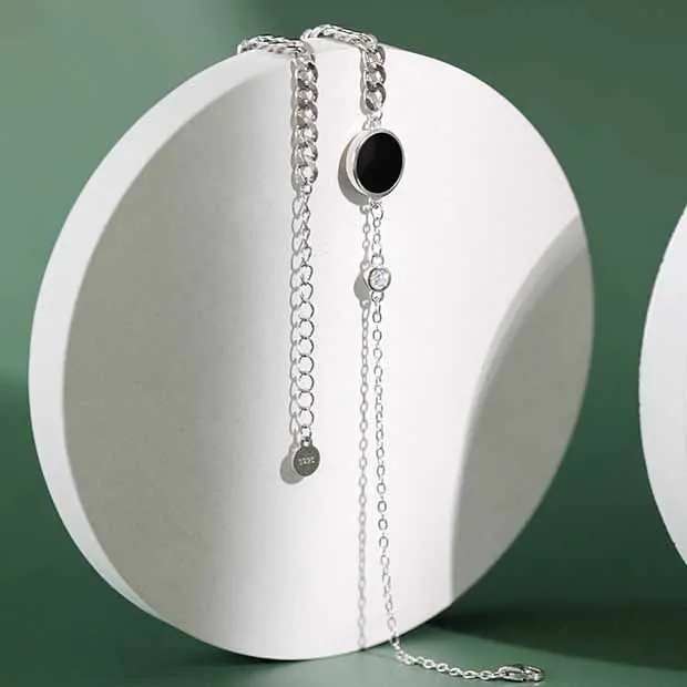 Black Round Chain CZ 925 Sterling Silver Anklet - Image 2