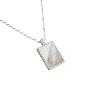 Geometric Mother of Shell Rectangle Tag 925 Sterling Silver Necklace