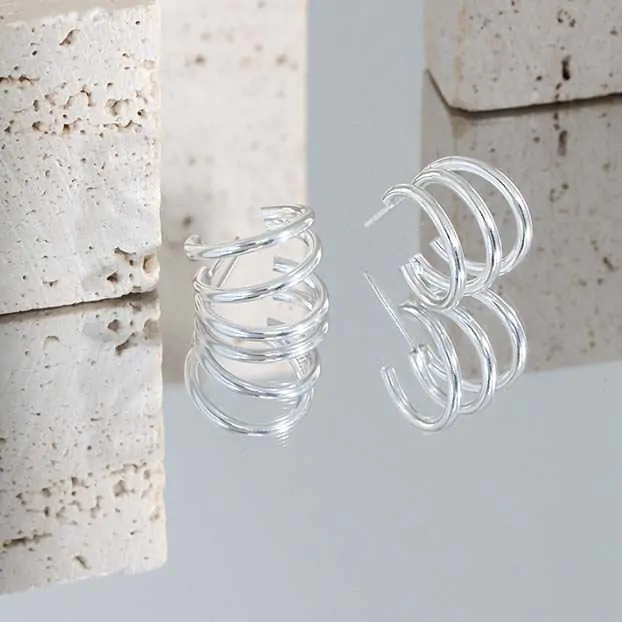 Triple Layer Lines 925 Sterling Silver Stud Earrings - Image 2