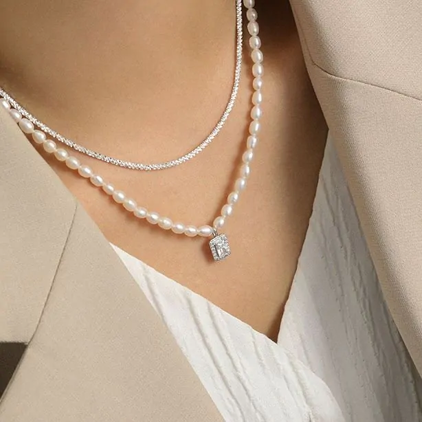Elegant Natural Pearl Rectangle CZ 925 Sterling Silver Necklace - Image 4