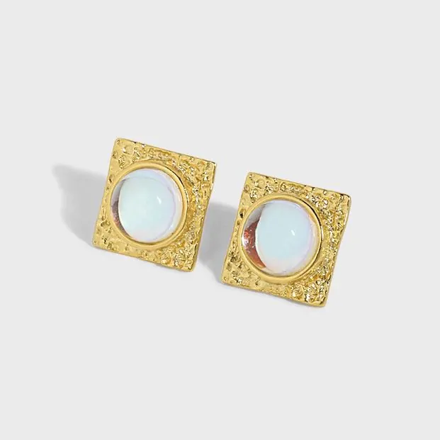 Geometric Square Round Created Moonstone 925 Sterling Silver Stud Earrings - Image 5