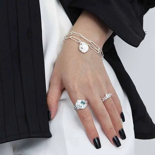 Elegant Irregular Green CZ 925 Sterling Silver Adjustable Ring - Image 3