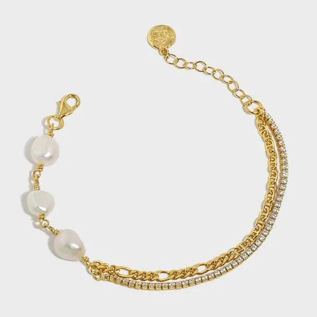 Irregular Double Layer Hollow Chain Natural Pearl 925 Sterling Silver Bracelet - Image 5