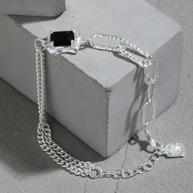 Irregular Geometric Baguette Black CZ 925 Sterling Silver Bracelet - Image 2