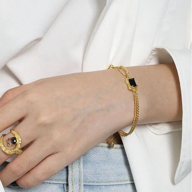 Irregular Geometric Baguette Black CZ 925 Sterling Silver Bracelet - Image 3