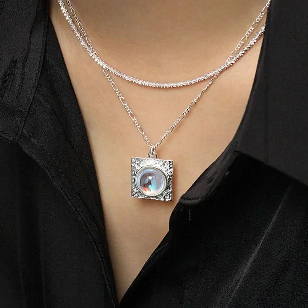 Elegant Round Created Moonstone Square 925 Sterling Silver Necklace - Image 4