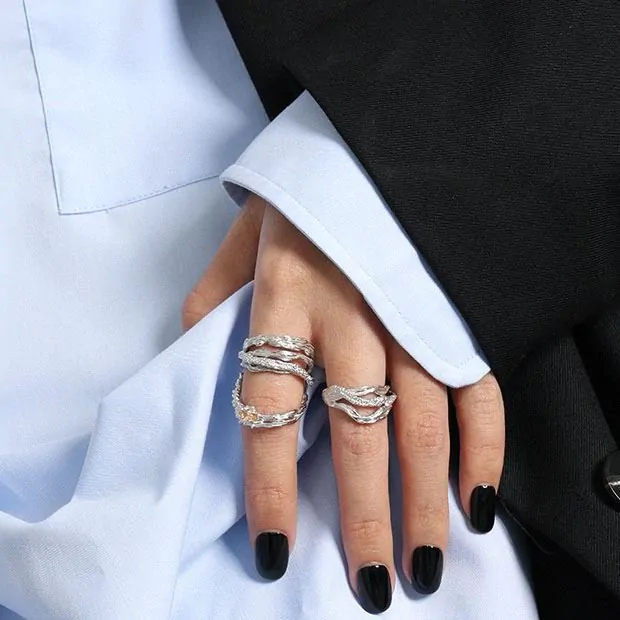 Wide Multi Layer Irregular 925 Sterling Silver Adjustable Ring - Image 4