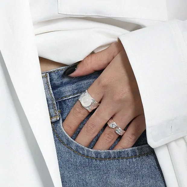 Round Natural Crystal Wide 925 Sterling Silver Adjustable Ring - Image 3