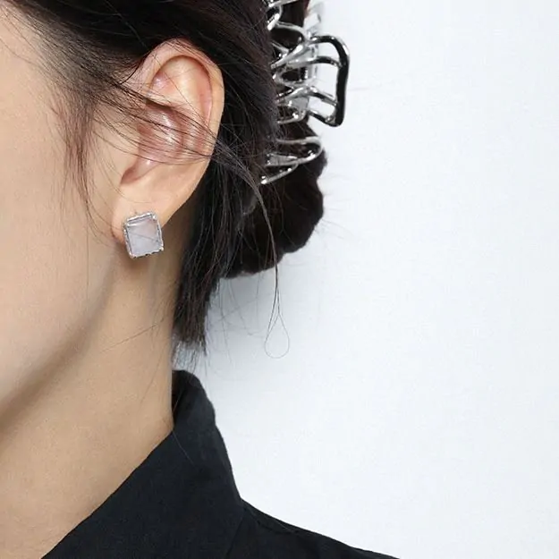 Geometric Natural Crystal Rectangle 925 Sterling Silver Stud Earrings - Image 2