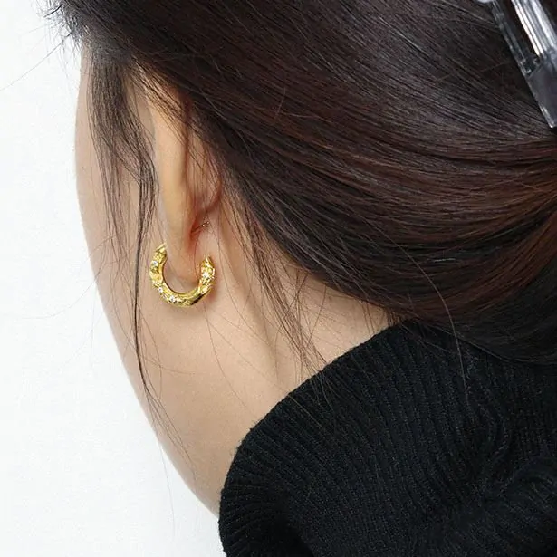 Irregular CZ C Shape 925 Sterling Silver Hoop Earrings - Image 2