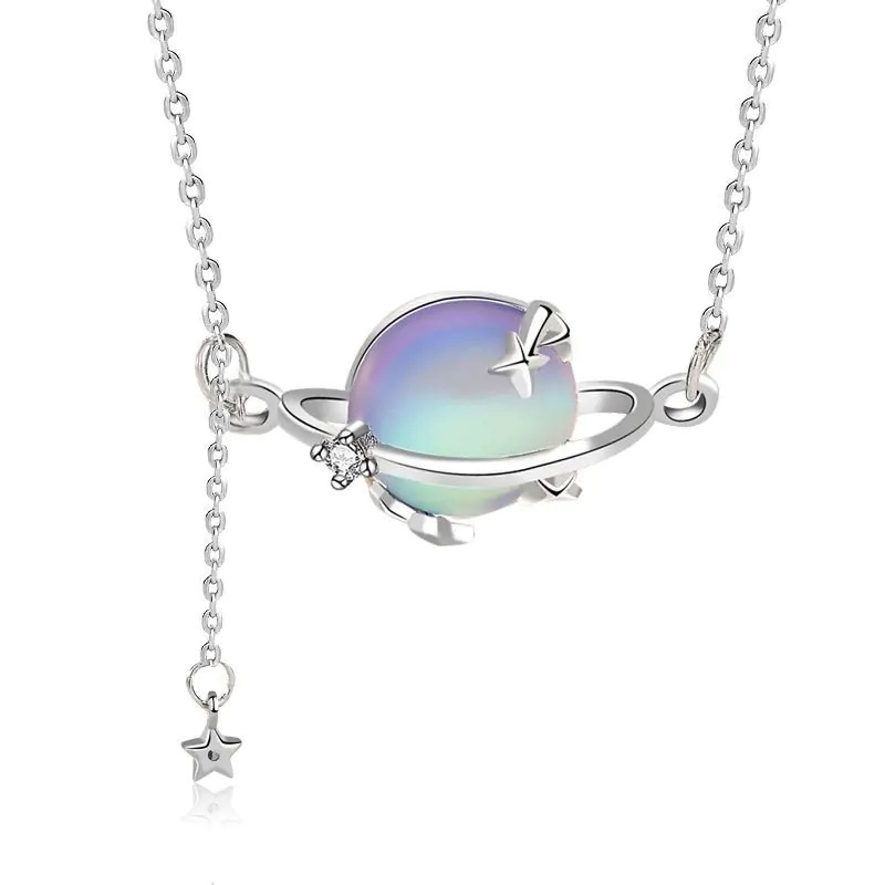 Round Natural Moonstone Planet Stars 925 Sterling Silver Necklace