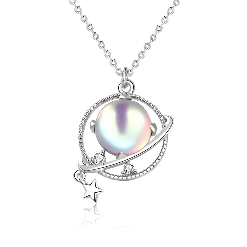 Natural Moonstone Dream Planet Stars 925 Sterling Silver Necklace