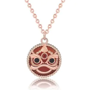 Round Red Natural Agate Chinese Tiger 925 Sterling Silver Necklace