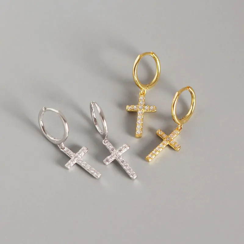 CZ Cross Holy 925 Sterling Silver Leverback Earrings - Image 2