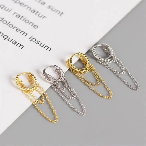 Circle Chain Tassels 925 Sterling Silver Leverback Earrings - Image 3