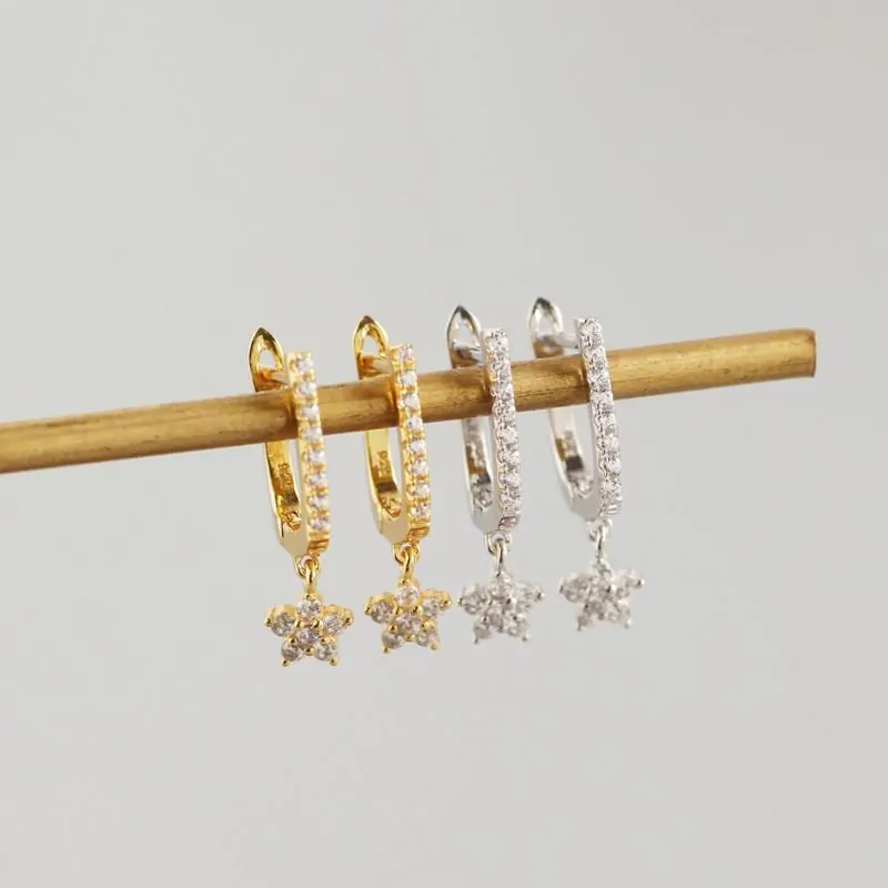 U Shape CZ Flower 925 Sterling Silver Hoop Earrings - Image 2