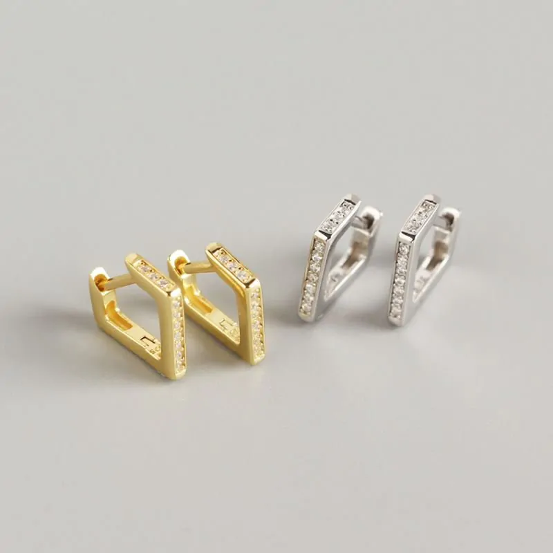 Geometric CZ Hollow Irregular Quadrilateral 925 Sterling Silver Hoop Earrings - Image 2