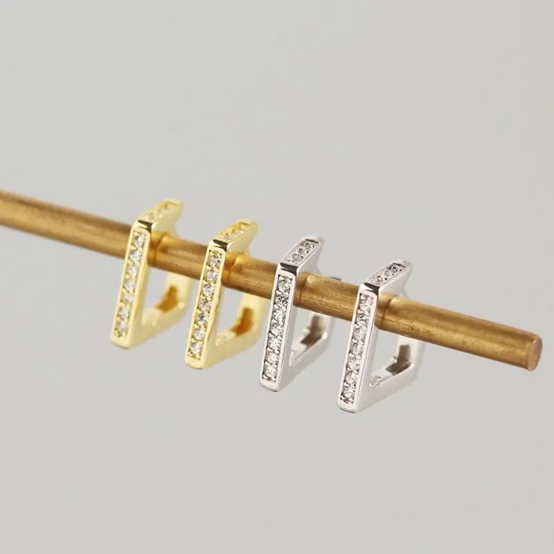 Geometric CZ Hollow Irregular Quadrilateral 925 Sterling Silver Hoop Earrings - Image 3