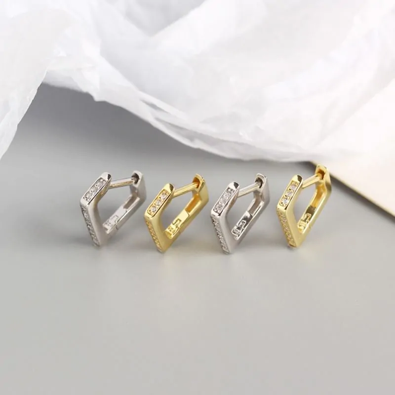 Geometric CZ Hollow Irregular Quadrilateral 925 Sterling Silver Hoop Earrings - Image 4