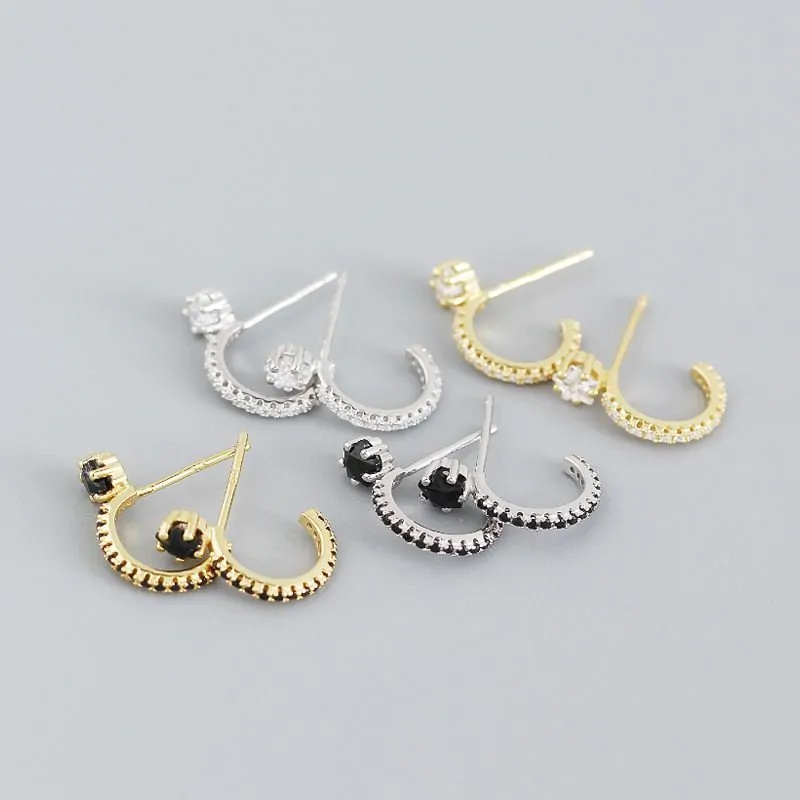 CZ Star C Shape 925 Sterling Silver Stud Earrings - Image 3