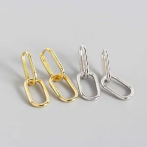 Geometric Hollow Ellipse Chain 925 Sterling Silver Hoop Earrings