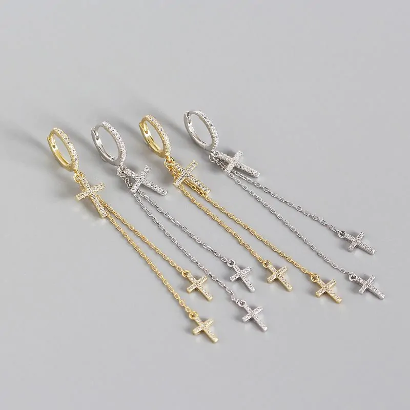 Elegant CZ Cross Tassels 925 Sterling Silver Hoop Earrings - Image 2