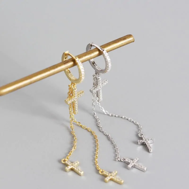 Elegant CZ Cross Tassels 925 Sterling Silver Hoop Earrings - Image 3