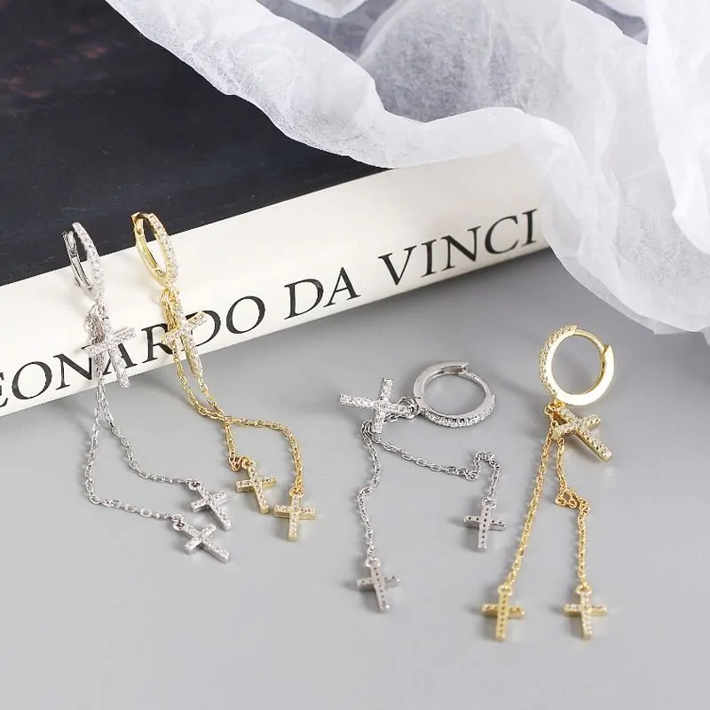 Elegant CZ Cross Tassels 925 Sterling Silver Hoop Earrings - Image 4