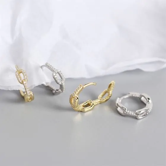 Chain CZ 925 Sterling Silver Huggie Hoop Earrings - Image 6