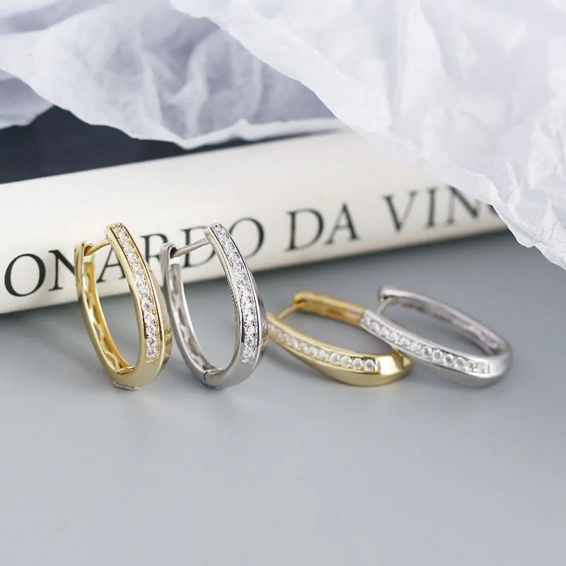 CZ U Shape 925 Sterling Silver Hoop Earrings - Image 3